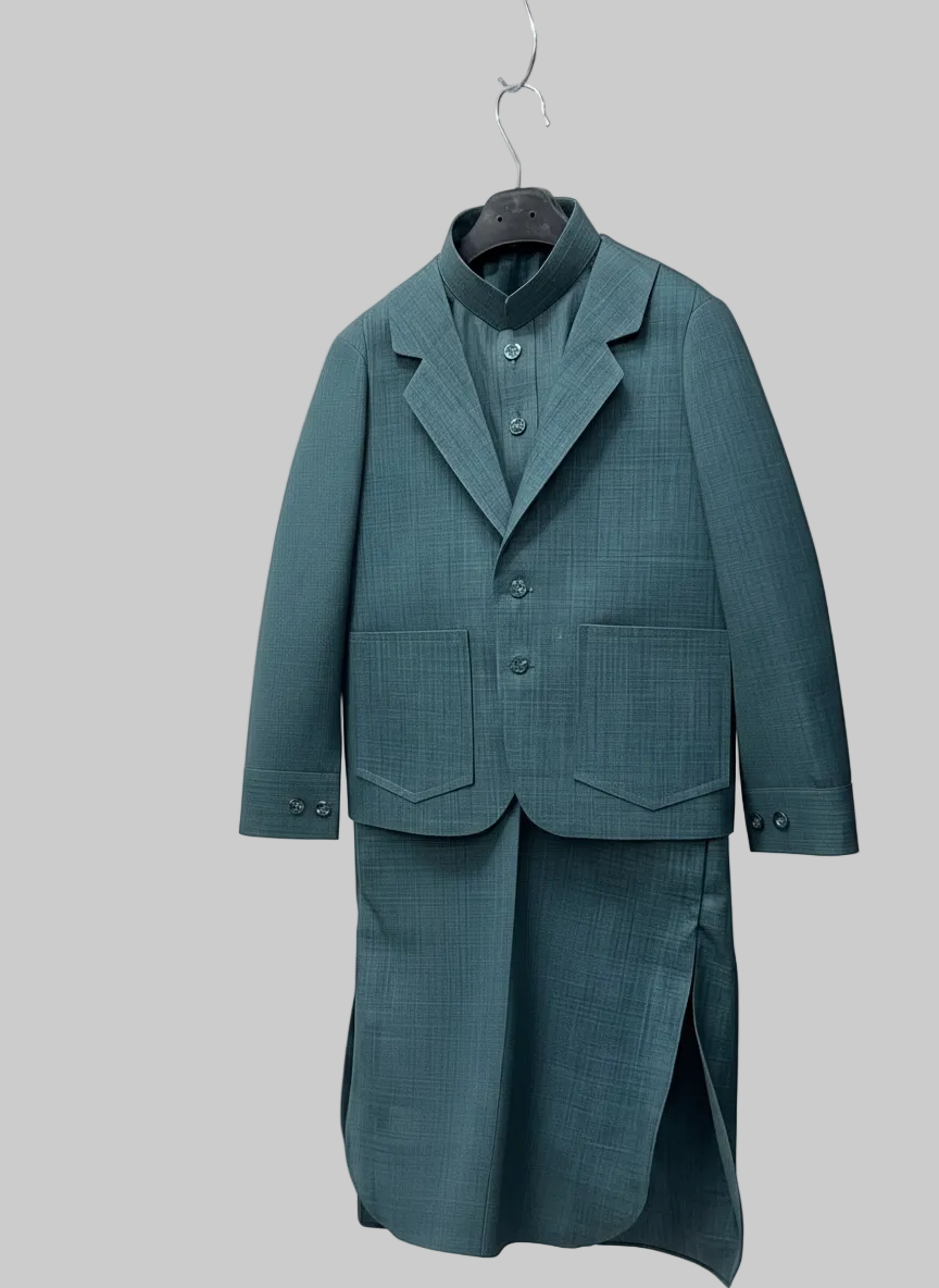 Teal suit hanging on a white background