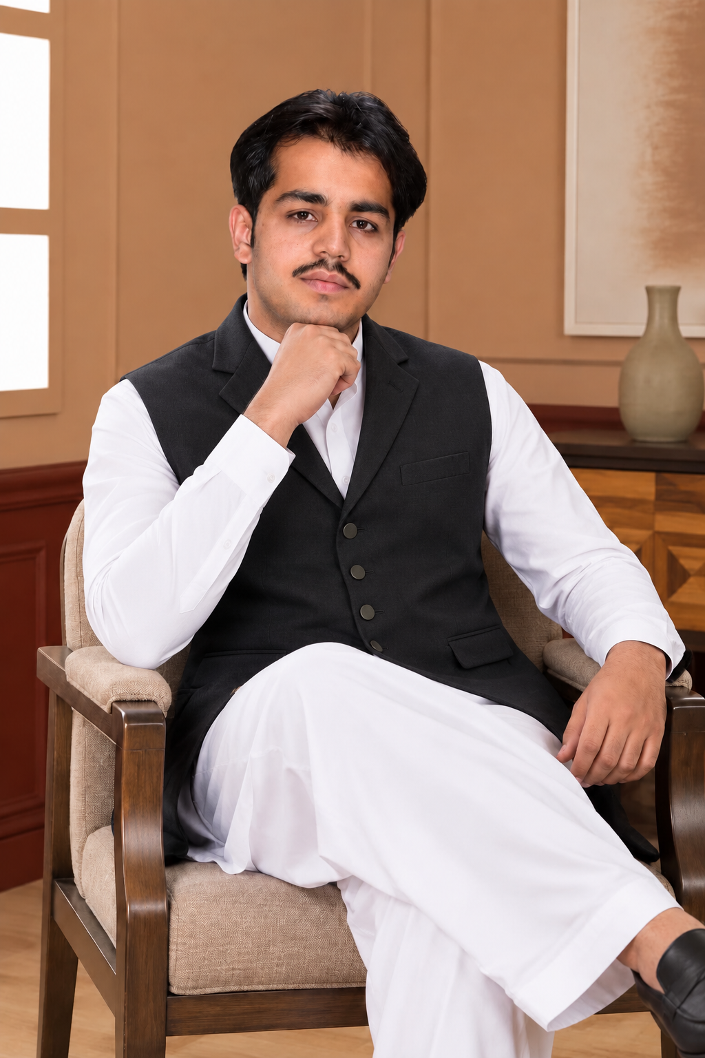 Black coat-collar waistcoat seated styling view