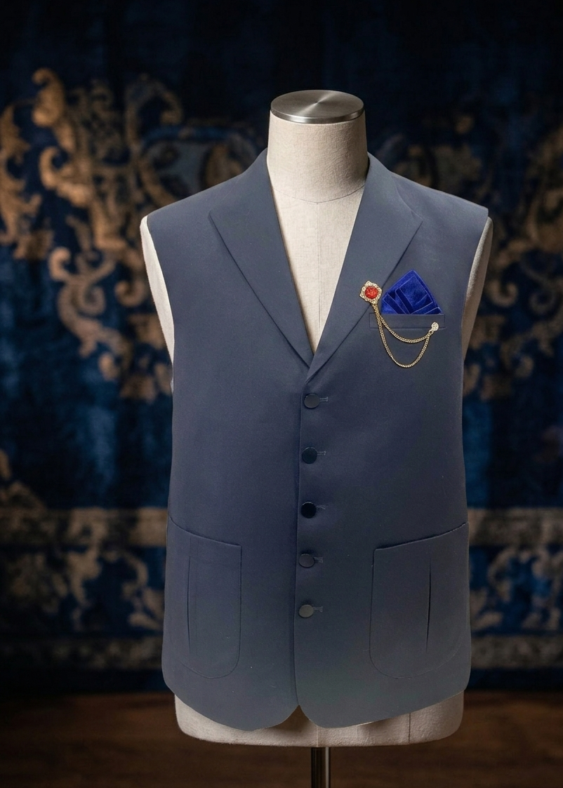 Blue vest on a mannequin with a patterned background
