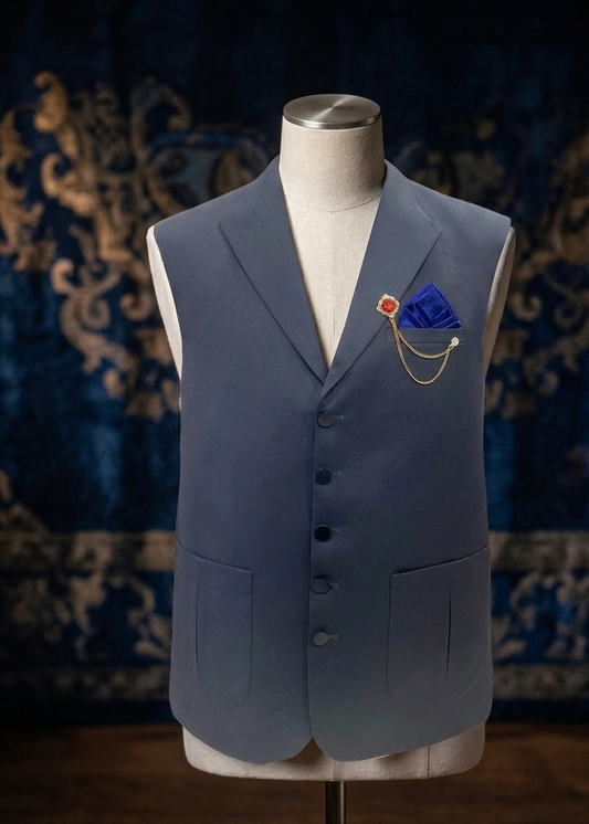 Blue vest on a mannequin with a patterned background