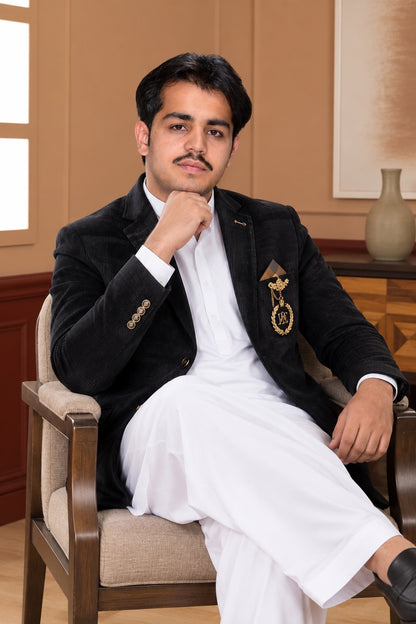 Black Velvet Coat seated styling view