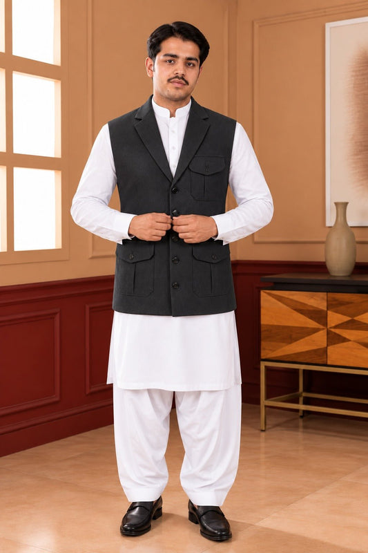Charcoal Utility Coat Collar Waistcoat - Al amin coat and waistcoat mehal