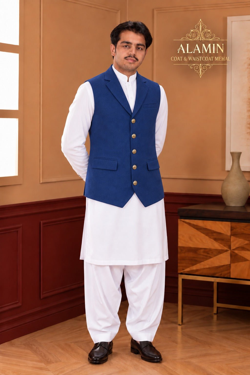 Classic Coat Collar Waistcoat – Light Gray & Royal Blue - Al amin coat and waistcoat mehal