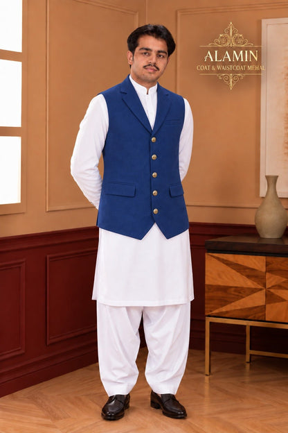 Classic Coat Collar Waistcoat – Light Gray & Royal Blue - Al amin coat and waistcoat mehal