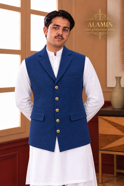 Classic Coat Collar Waistcoat – Light Gray & Royal Blue - Al amin coat and waistcoat mehal