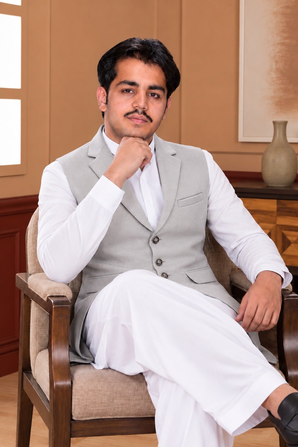 Classic Coat Collar Waistcoat – Light Gray & Royal Blue - Al amin coat and waistcoat mehal