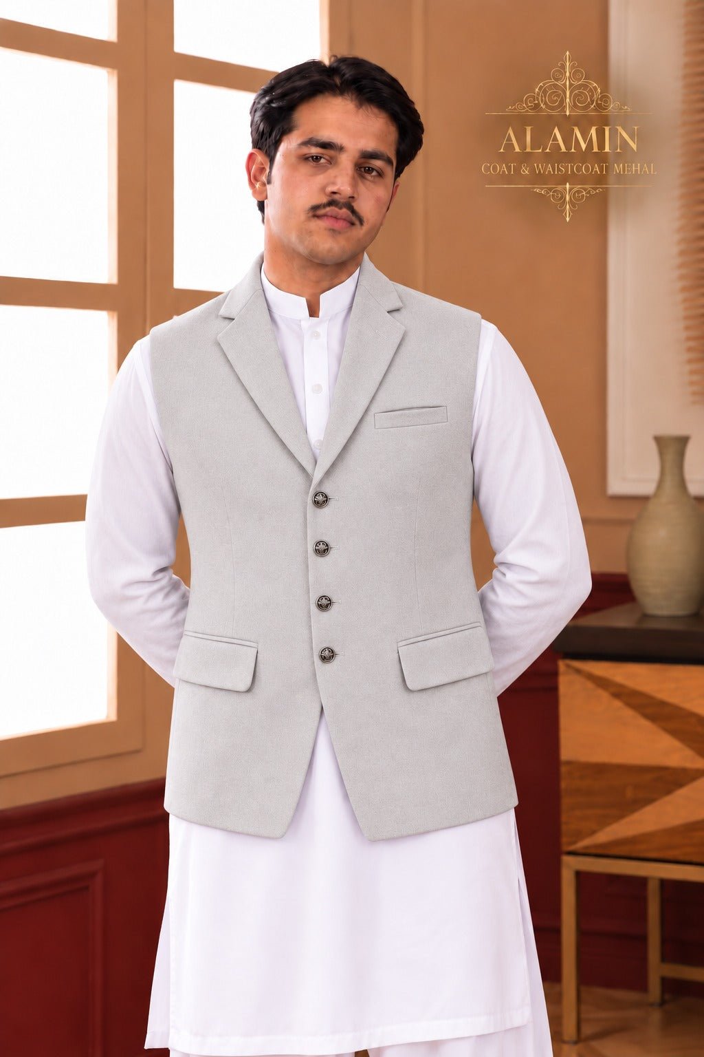Classic Coat Collar Waistcoat – Light Gray & Royal Blue - Al amin coat and waistcoat mehal