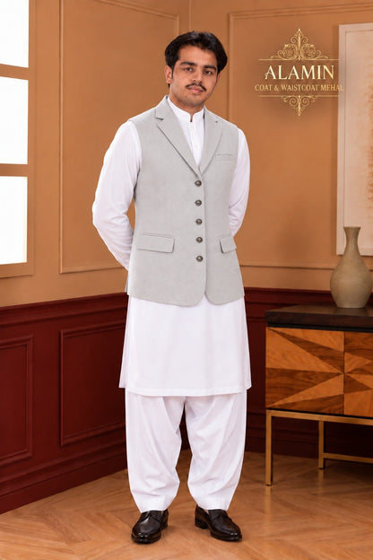 Classic Coat Collar Waistcoat – Light Gray & Royal Blue - Al amin coat and waistcoat mehal