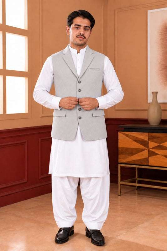 Classic Coat Collar Waistcoat – Light Gray & Royal Blue - Al amin coat and waistcoat mehal