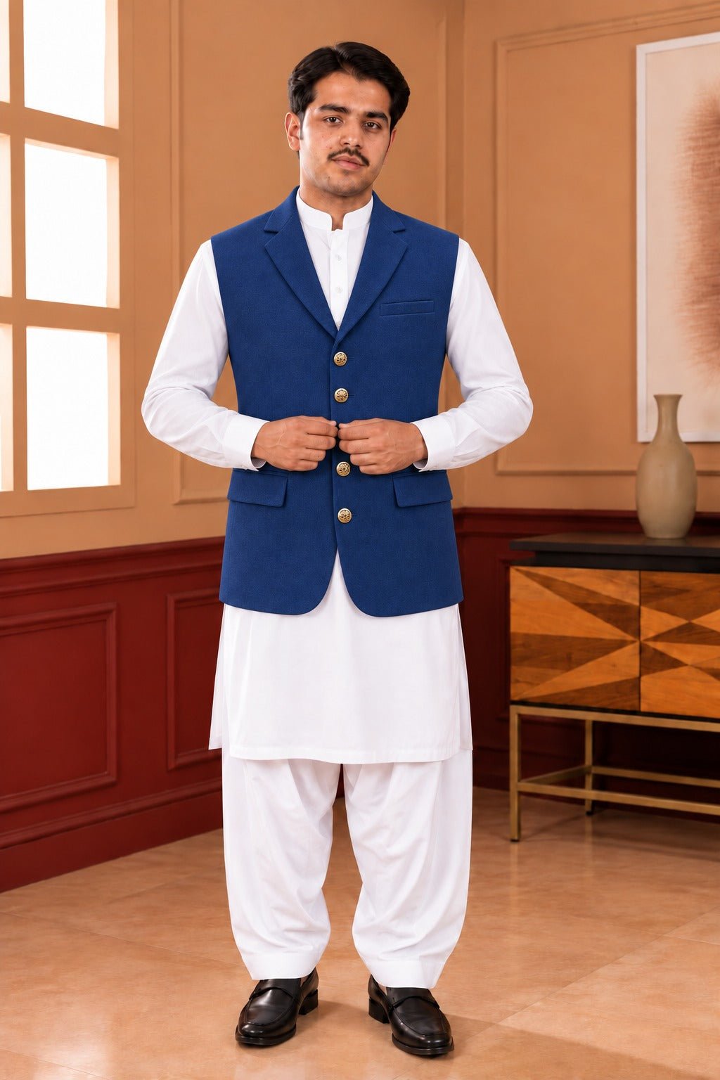 Classic Coat Collar Waistcoat – Light Gray & Royal Blue - Al amin coat and waistcoat mehal
