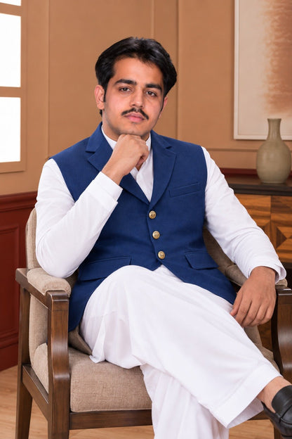 Classic Coat Collar Waistcoat – Light Gray & Royal Blue - Al amin coat and waistcoat mehal