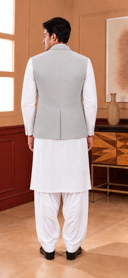 Classic Coat Collar Waistcoat – Light Gray & Royal Blue - Al amin coat and waistcoat mehal