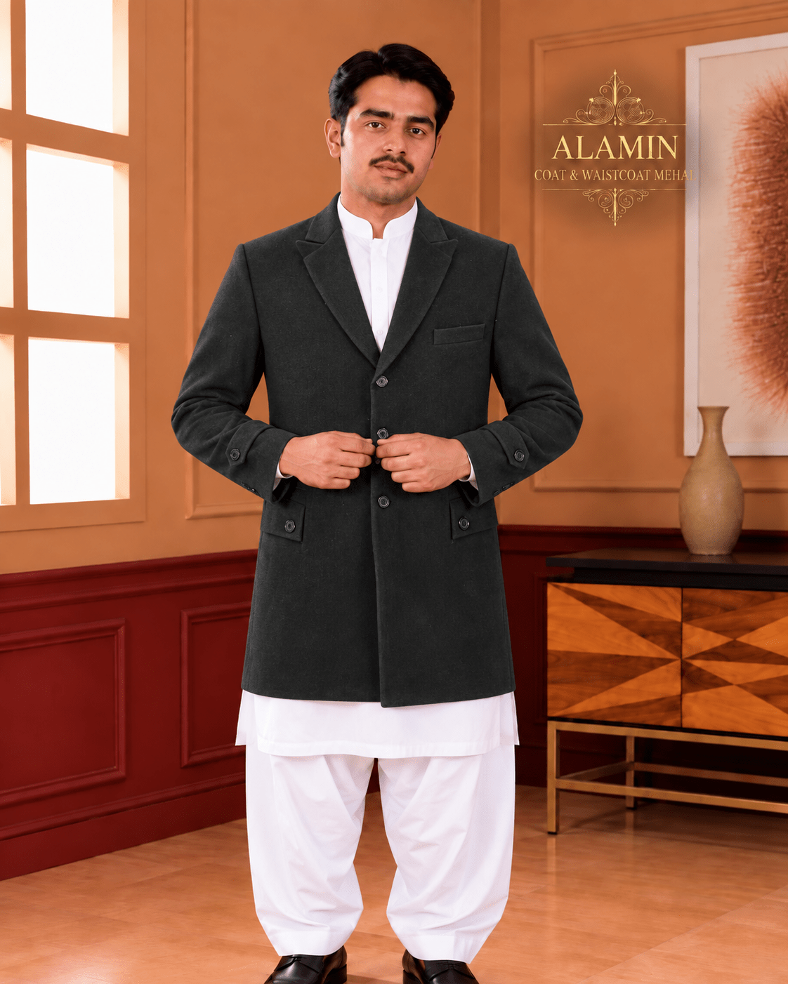 Classic Single-Breasted Long Coat – Black, Camel & Grey - Al amin coat and waistcoat mehal