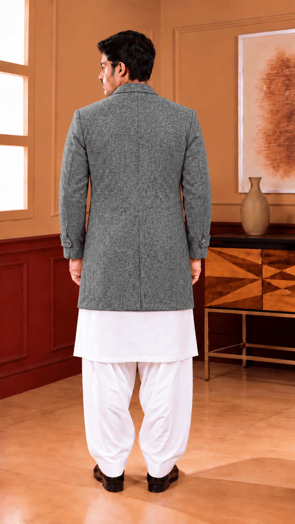 Classic Single-Breasted Long Coat – Black, Camel & Grey - Al amin coat and waistcoat mehal