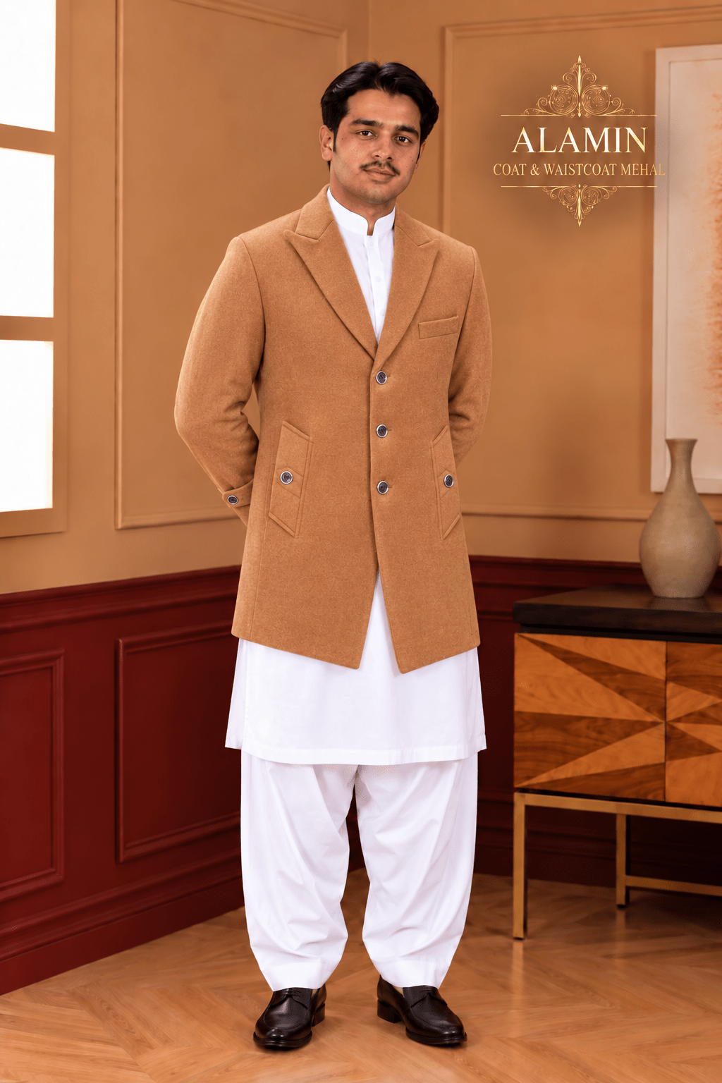 Classic Single-Breasted Long Coat – Black, Camel & Grey - Al amin coat and waistcoat mehal
