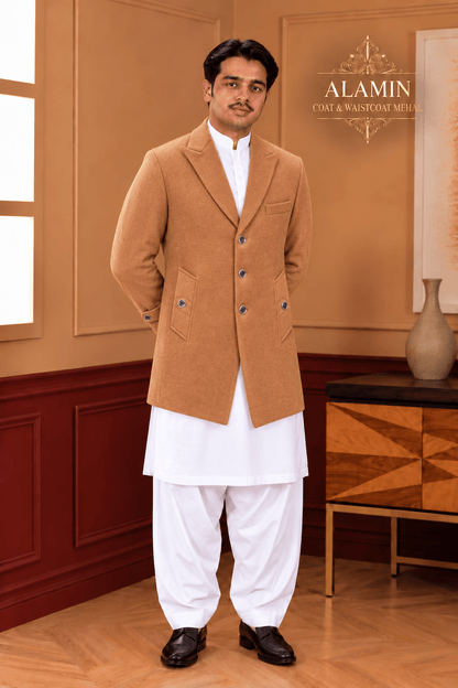 Classic Single-Breasted Long Coat – Black, Camel & Grey - Al amin coat and waistcoat mehal