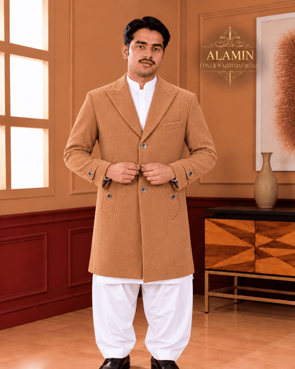 Classic Single-Breasted Long Coat – Black, Camel & Grey - Al amin coat and waistcoat mehal