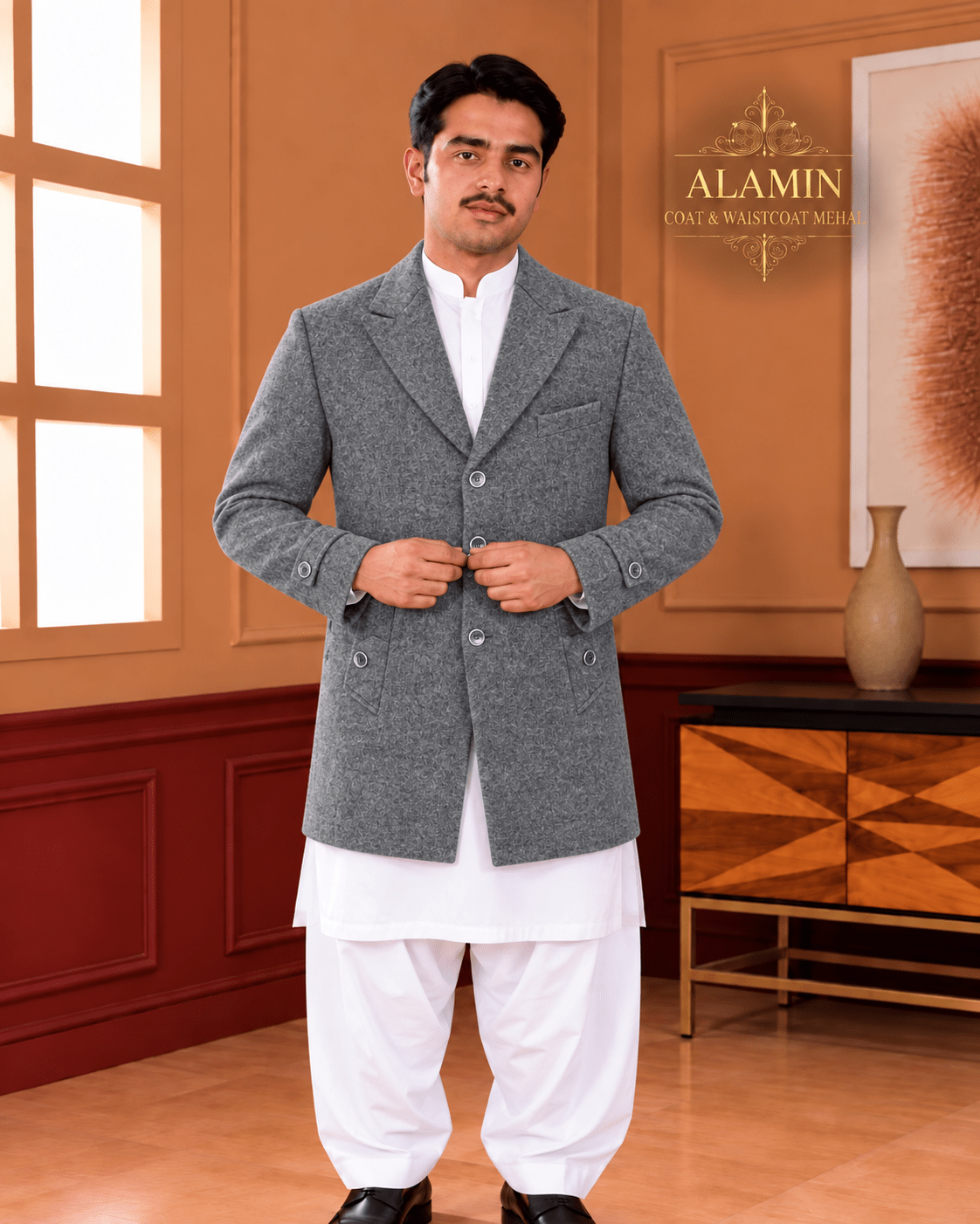 Classic Single-Breasted Long Coat – Black, Camel & Grey - Al amin coat and waistcoat mehal