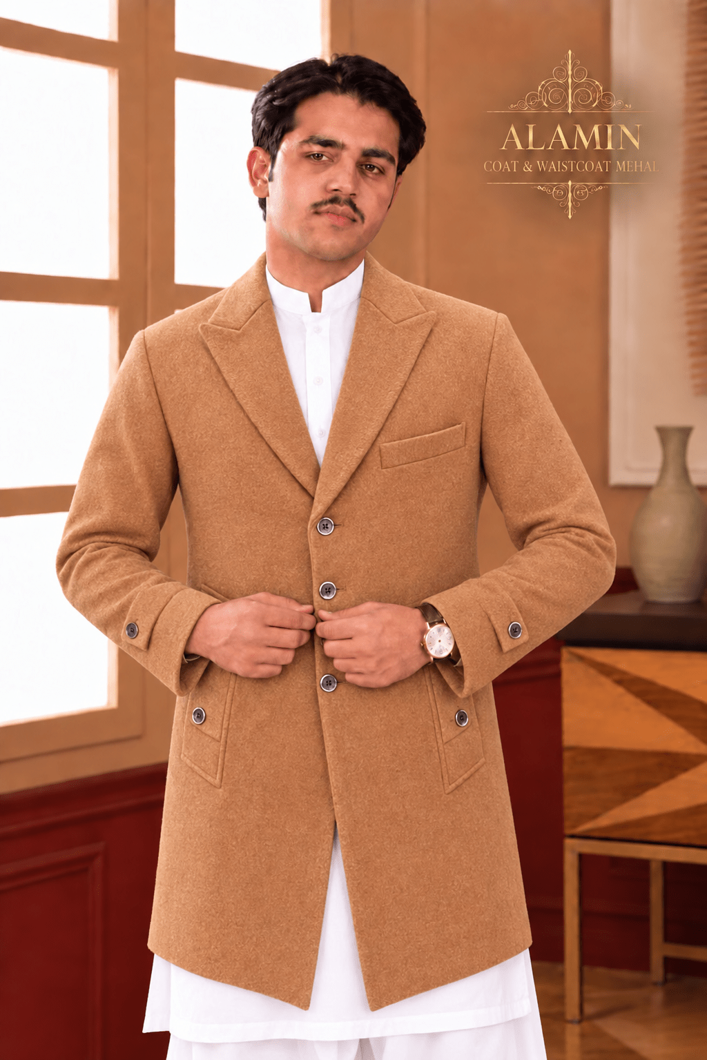 Classic Single-Breasted Long Coat – Black, Camel & Grey - Al amin coat and waistcoat mehal