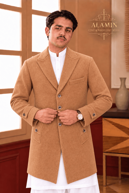 Classic Single-Breasted Long Coat – Black, Camel & Grey - Al amin coat and waistcoat mehal
