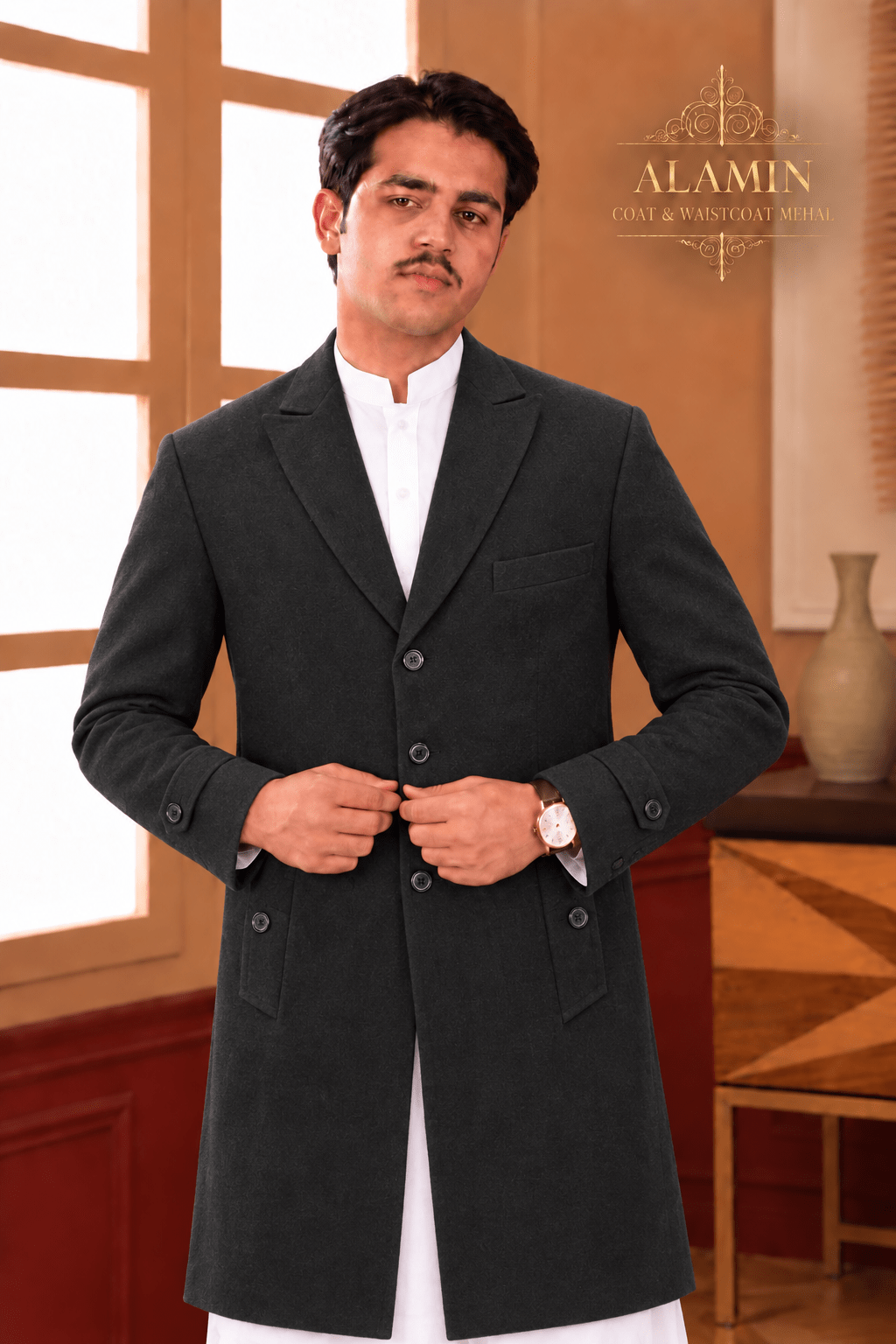 Classic Single-Breasted Long Coat – Black, Camel & Grey - Al amin coat and waistcoat mehal