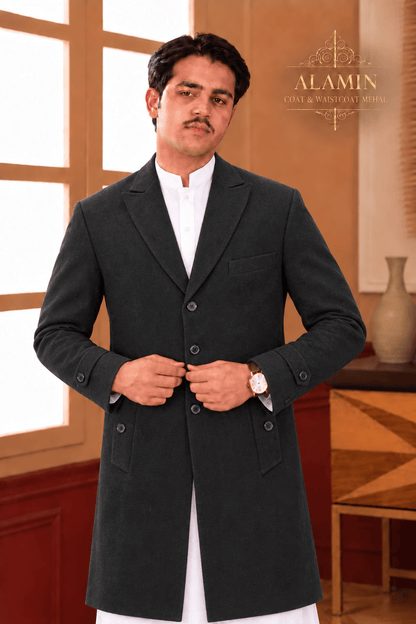 Classic Single-Breasted Long Coat – Black, Camel & Grey - Al amin coat and waistcoat mehal