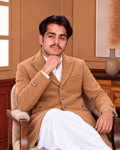 Classic Single-Breasted Long Coat – Black, Camel & Grey - Al amin coat and waistcoat mehal