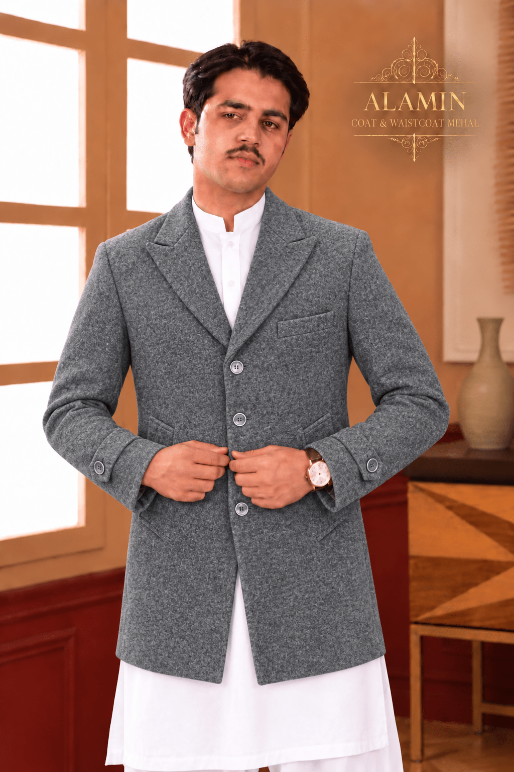 Classic Single-Breasted Long Coat – Black, Camel & Grey - Al amin coat and waistcoat mehal