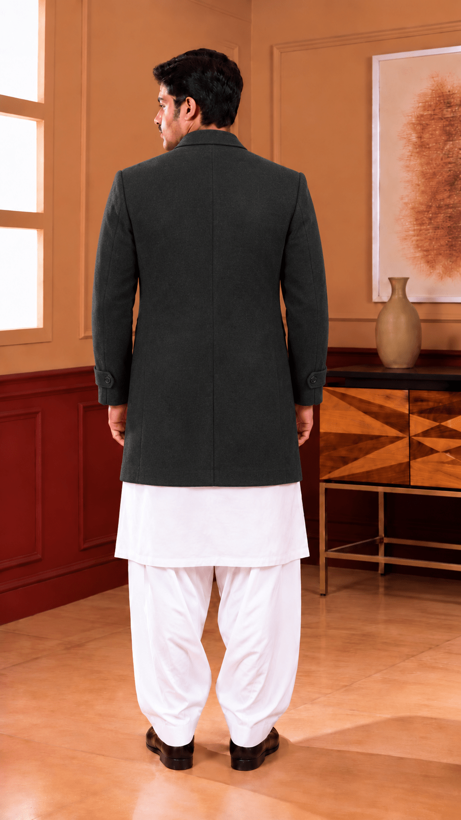 Classic Single-Breasted Long Coat – Black, Camel & Grey - Al amin coat and waistcoat mehal