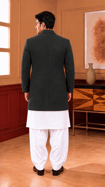 Classic Single-Breasted Long Coat – Black, Camel & Grey - Al amin coat and waistcoat mehal
