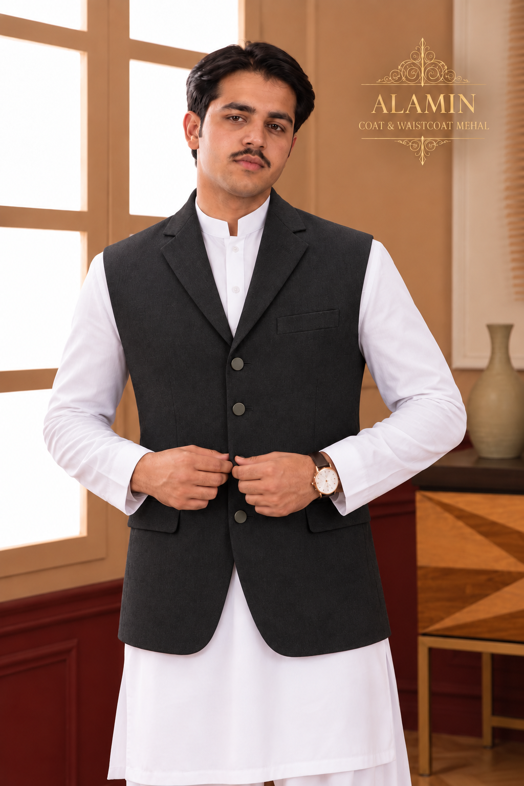 Black coat-collar waistcoat front full-length view