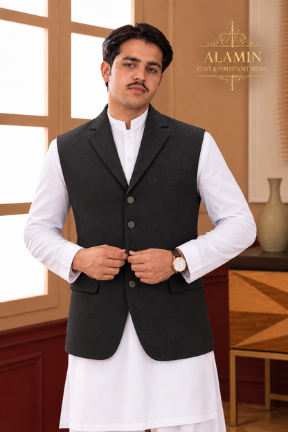 Black coat-collar waistcoat front full-length view