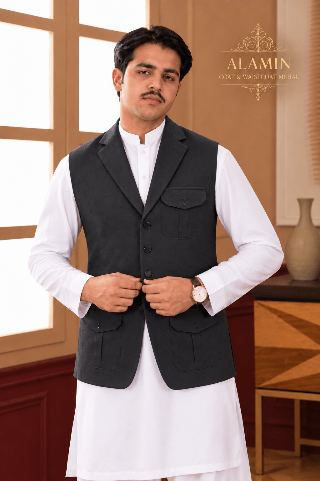 Coat Collar Waistcoat Black - Al amin coat and waistcoat mehal