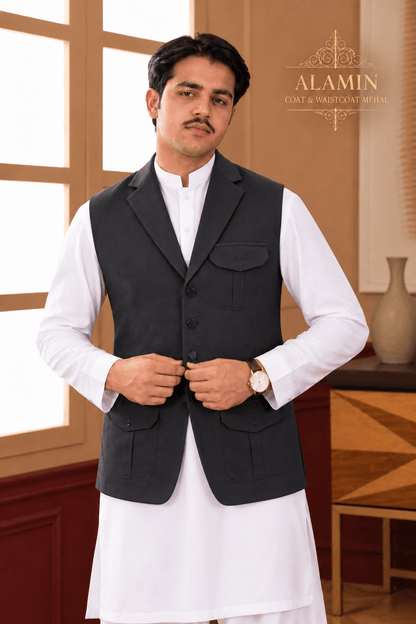 Coat Collar Waistcoat Black - Al amin coat and waistcoat mehal