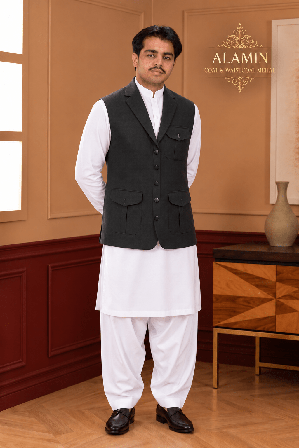 Coat Collar Waistcoat Black - Al amin coat and waistcoat mehal