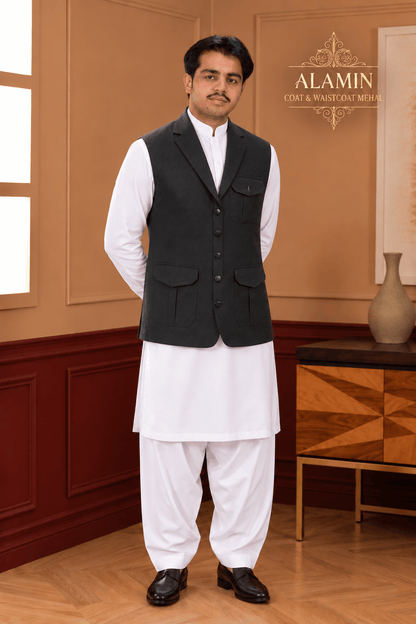 Coat Collar Waistcoat Black - Al amin coat and waistcoat mehal