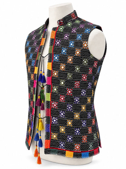 Handmade Balochi Waistcoat – Black Multicolour - Al amin coat and waistcoat mehal