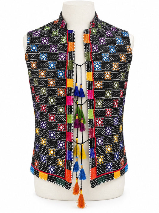 Handmade Balochi Waistcoat – Black Multicolour - Al amin coat and waistcoat mehal
