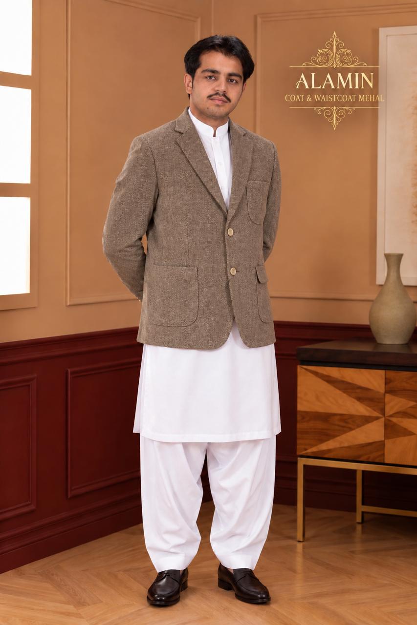 Herringbone Woollen Blazer - Al amin coat and waistcoat mehal