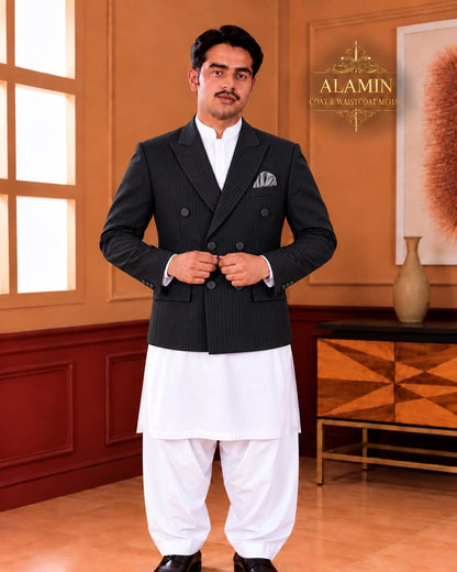 Men’s Short Double-Breasted Coat – Beige, Blue & Black - Al amin coat and waistcoat mehal