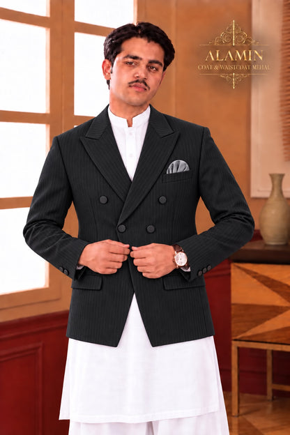 Men’s Short Double-Breasted Coat – Beige, Blue & Black - Al amin coat and waistcoat mehal