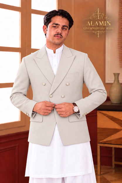 Men’s Short Double-Breasted Coat – Beige, Blue & Black - Al amin coat and waistcoat mehal