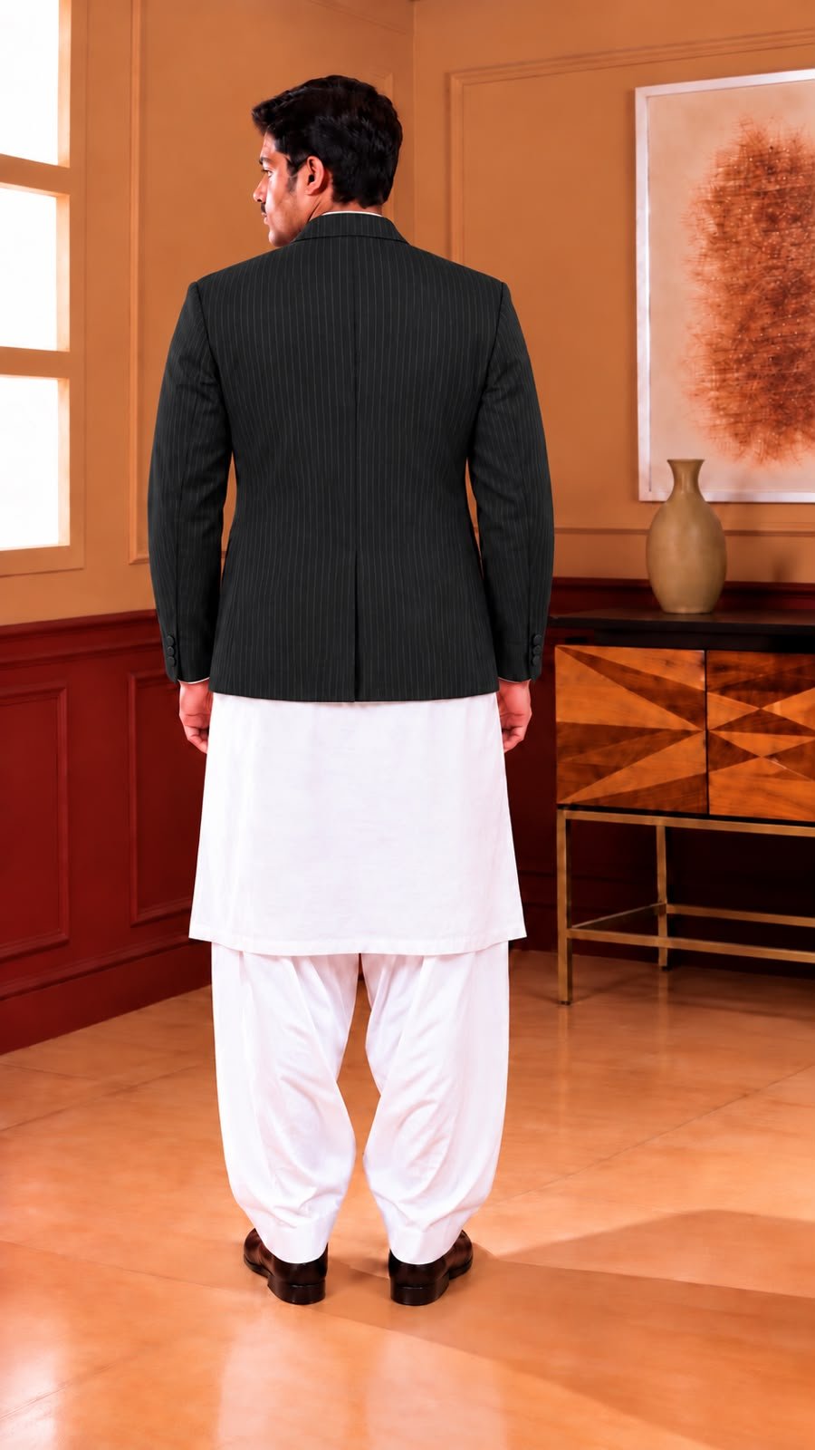 Men’s Short Double-Breasted Coat – Beige, Blue & Black - Al amin coat and waistcoat mehal