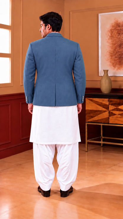 Men’s Short Double-Breasted Coat – Beige, Blue & Black - Al amin coat and waistcoat mehal