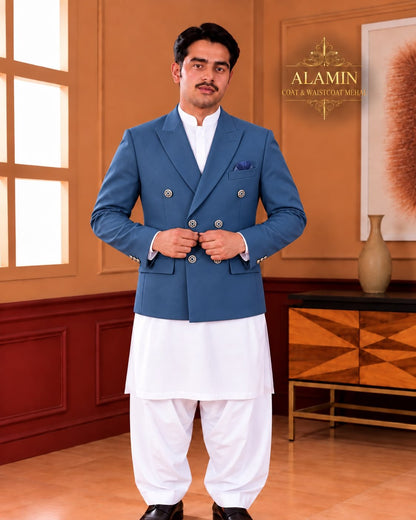 Men’s Short Double-Breasted Coat – Beige, Blue & Black - Al amin coat and waistcoat mehal