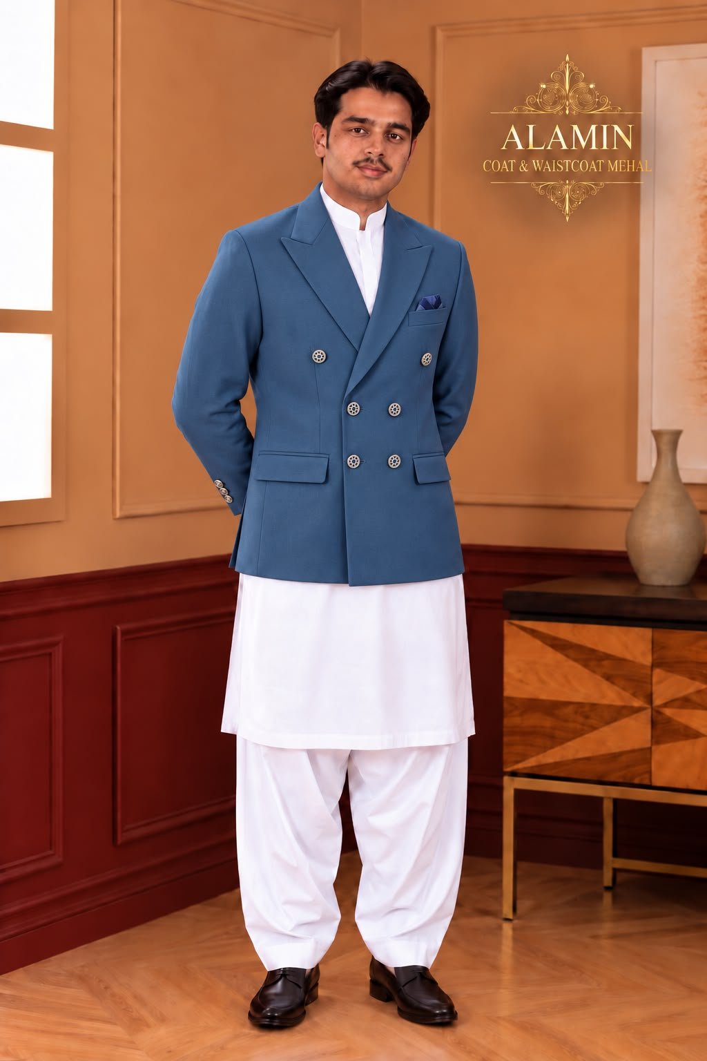 Men’s Short Double-Breasted Coat – Beige, Blue & Black - Al amin coat and waistcoat mehal