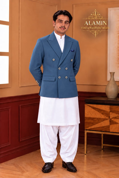Men’s Short Double-Breasted Coat – Beige, Blue & Black - Al amin coat and waistcoat mehal