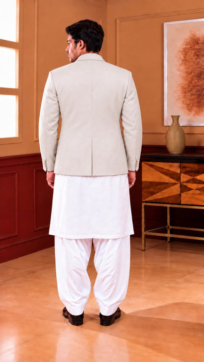 Men’s Short Double-Breasted Coat – Beige, Blue & Black - Al amin coat and waistcoat mehal