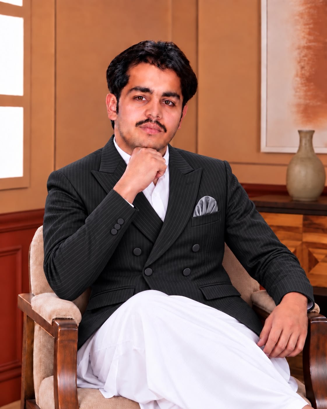 Men’s Short Double-Breasted Coat – Beige, Blue & Black - Al amin coat and waistcoat mehal
