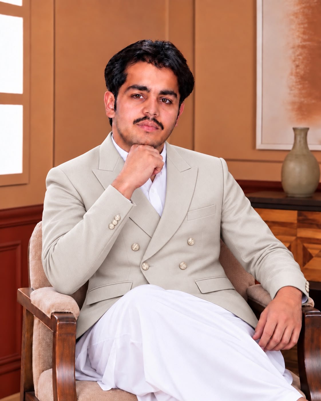 Men’s Short Double-Breasted Coat – Beige, Blue & Black - Al amin coat and waistcoat mehal
